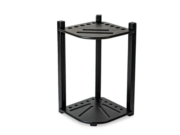 A black metal stand with two shelves; Item # PR21027-CRF.