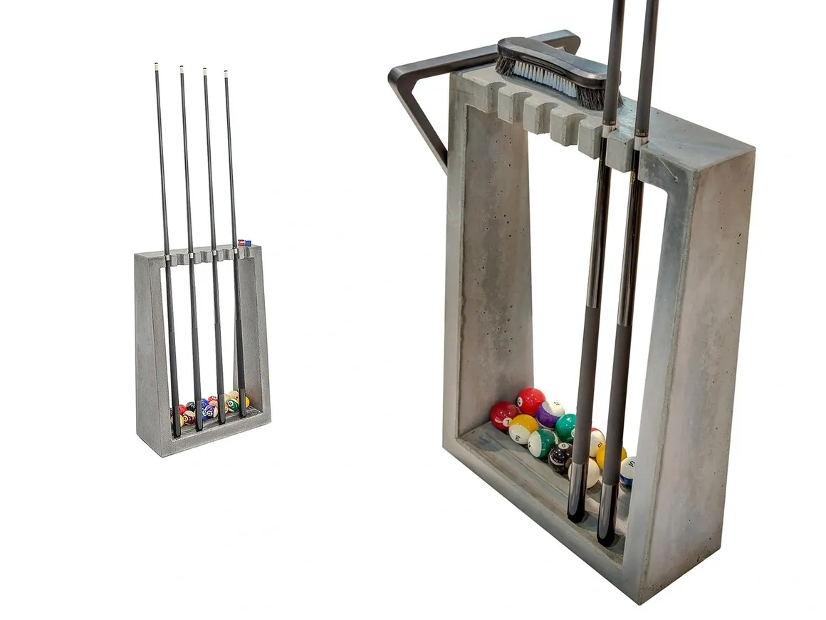 A set of Item # CM21020-CRF cues and balls in a metal holder.