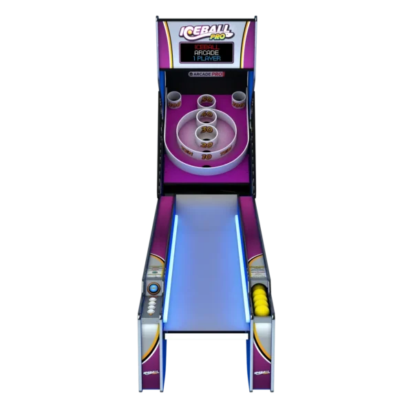 A purple and blue Item # ICE20020-AG arcade game machine.