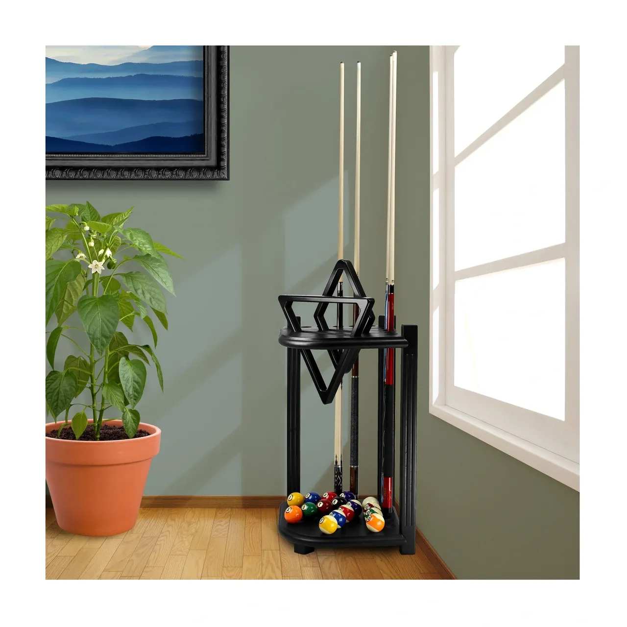 A black Item # IM21017-CRF rack with billiard balls and a potted plant.