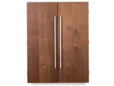 A wooden cabinet with two doors and two handles, Item # IMP23011-DB.