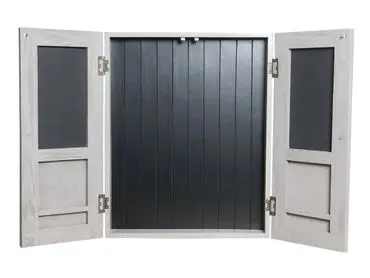 A white door with black shutters and a PR23021-DB door.