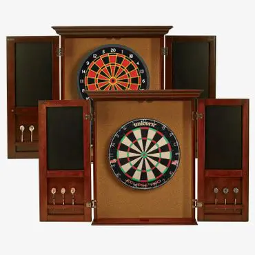 A dart board cabinet with three darts and a Item # PR23021-DB.
