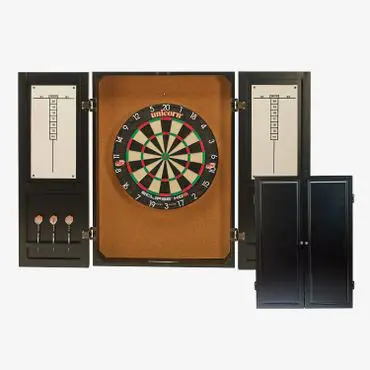 A black Item # AH23031-DB cabinet with a dart board and darts.
