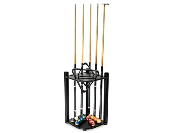 A black pool cue rack with several cue sticks, Item # PR21028-CRF.
