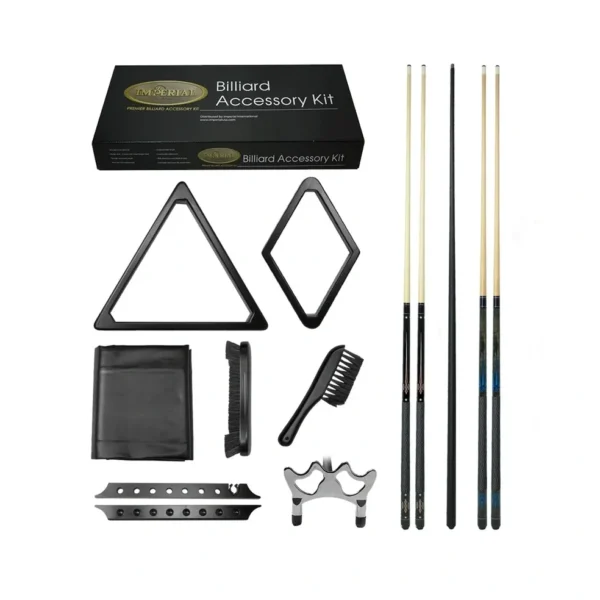 A set of Item # IM25015-AC pool cues and accessories.