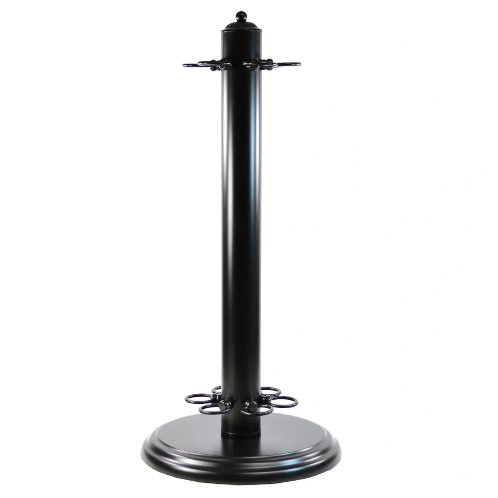 A black metal stand with a black base, called Item # IM21019-CRF.