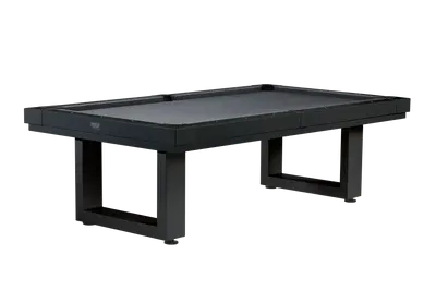 Item # AHB11049-OPT, a modern black pool table with a flat, smooth surface and sturdy square legs, set against a dark background.