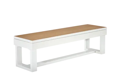 A modern white bench with a light brown wooden seat, isolated on a white background.
Product Name: Item # AHB11050-OPT