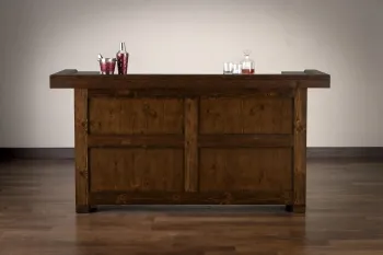 Item # AHB24002-HB, with closed doors, set against a plain backdrop, adorned with a set of glasses and liquor bottles on top.