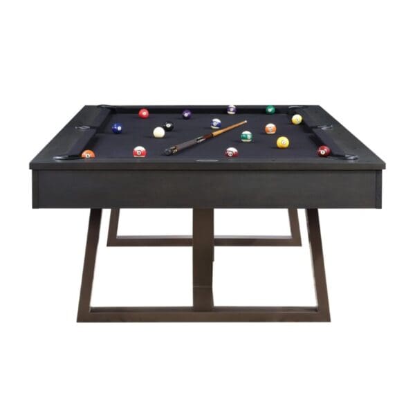 Rectangular Item # IM5246-PT with balls set up for a game, including a cue on the table, against a white background.