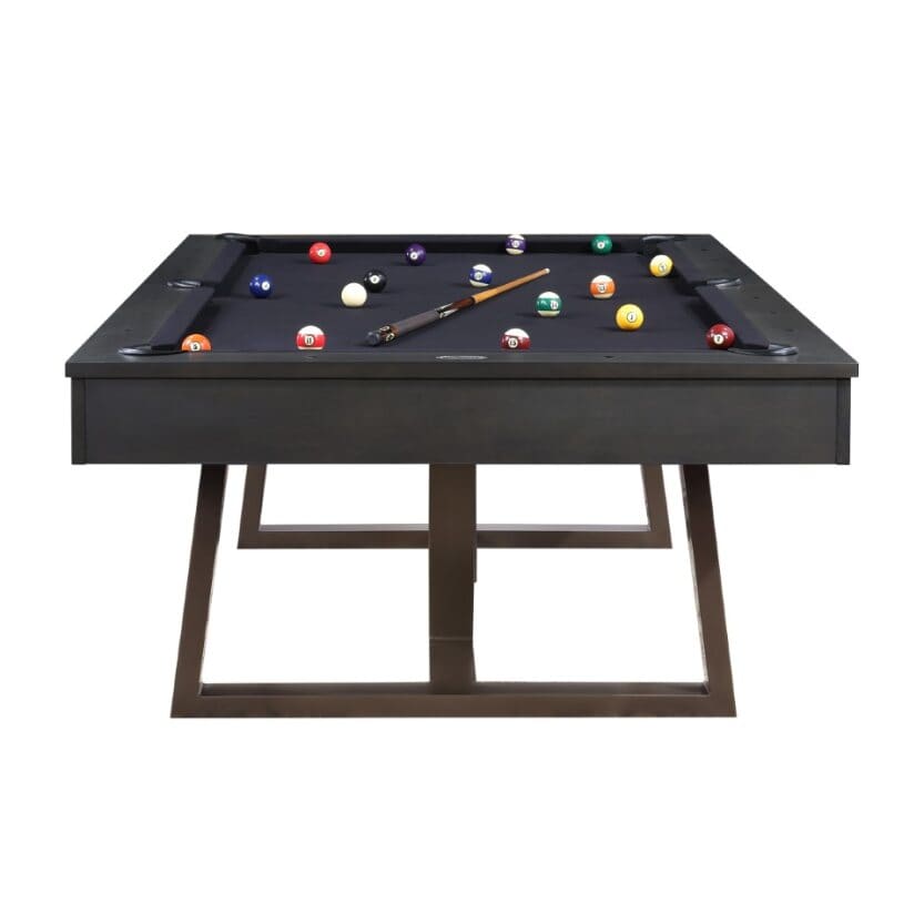 Rectangular Item # IM5246-PT with balls set up for a game, including a cue on the table, against a white background.