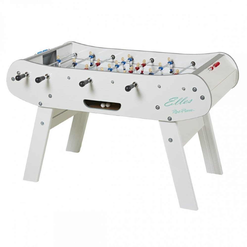 A  Item # BB17079-FB with a sleek white finish and sturdy white legs, labeled "elles" on the side, featuring blue and red player figures.