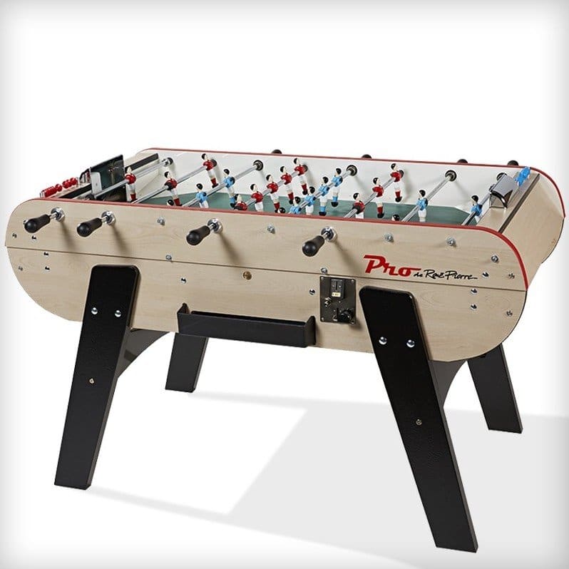 A BB17082-FB with black legs, wooden frame, and detailed figures in red and blue jerseys positioned for play.