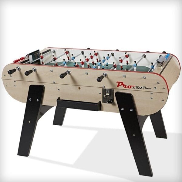 Foosball table Item # BB17083-FB with labeled figures in red and blue uniforms on silver rods, mounted on a wooden cabinet with black legs.