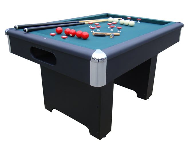 Item # BB5194-PT pool table with red and white balls scattered after the break, featuring a blue felt surface and metallic corner caps.