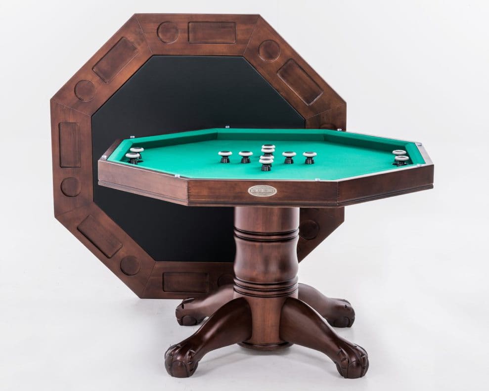 Octagonal wooden poker table with a central green felt playing area and playing chips on top, set on a classical pedestal base. The product name is Item # BB7059-GT.