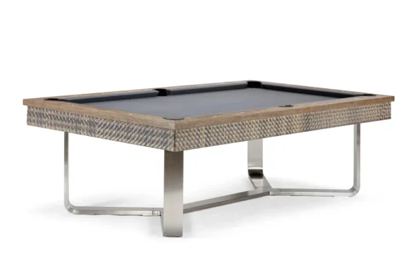 A modern pool table with a woven wood finish and silver metal legs, Item # BR11045-OPT, isolated on a white background.