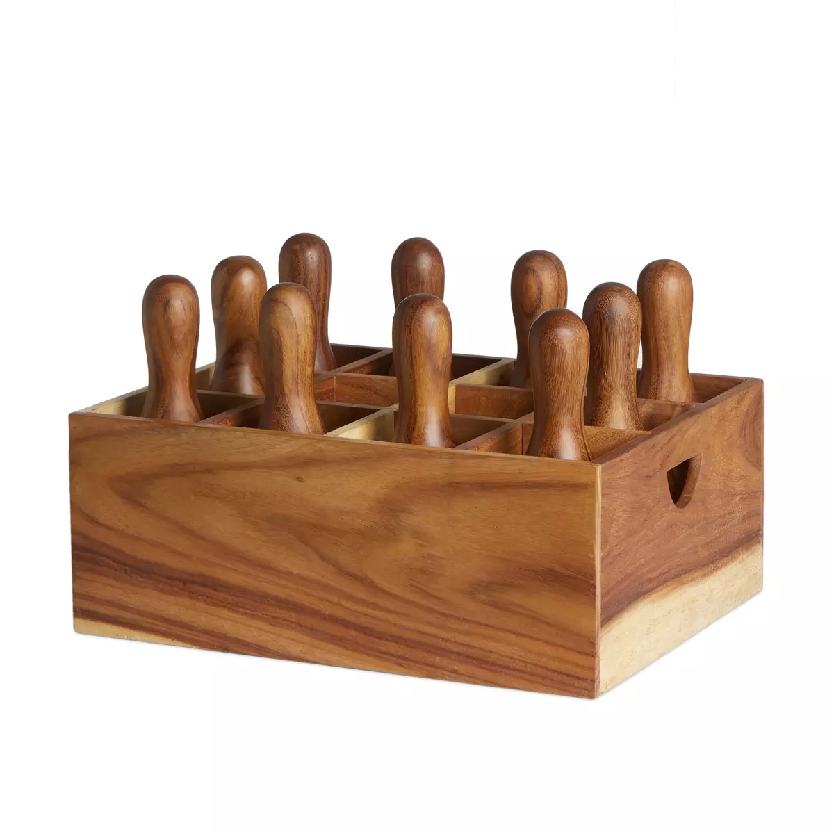 Item # FH12033-OOG Holder with multiple compartments containing rubber stamps with wooden handles, isolated on a white background.