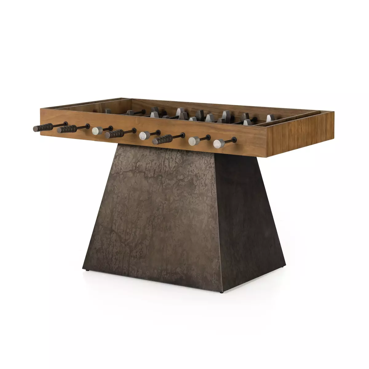 Modern foosball table (Item # FH17097-FB) with a wooden playing area and metal frame base, featuring sleek, abstract design elements.