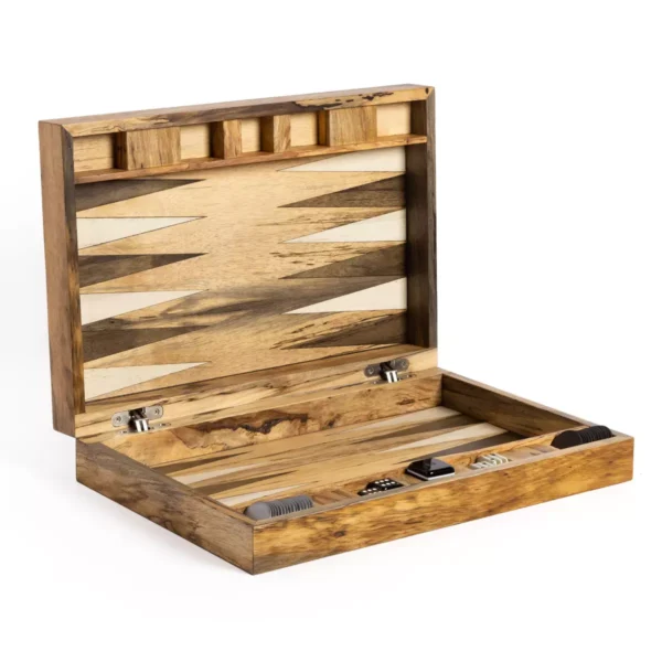 Wooden backgammon board Item # FH25034-AC open, displaying its intricately patterned interior with game pieces and dice stored in compartments.