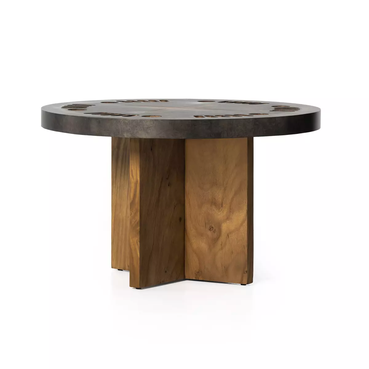 Round wooden table with a metallic top and a thick, asymmetrical base, isolated on a white background. Item # FH7143-GT.