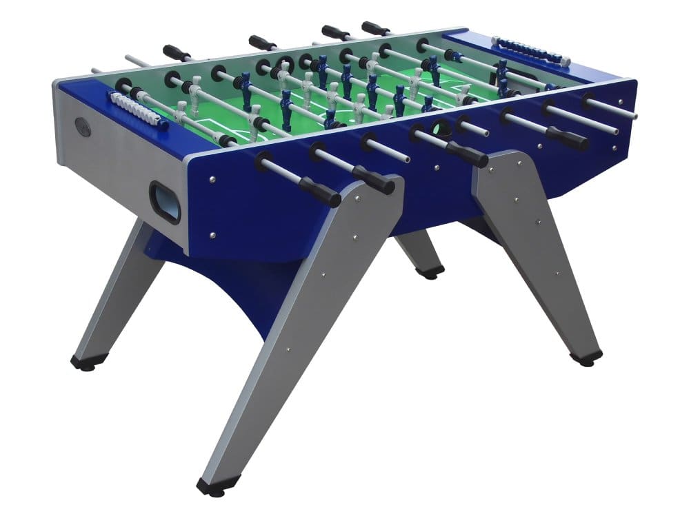 A Item # BB12031-OOG foosball table with blue and silver body, featuring green field and figurines dressed in black and white.