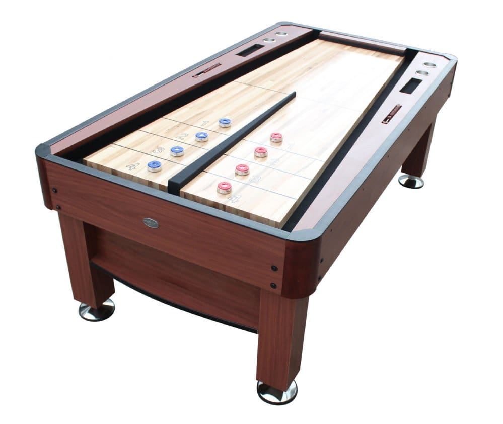 An isolated image of Item # BB163-SH, a wooden shuffleboard table with red and blue pucks, set against a white background.