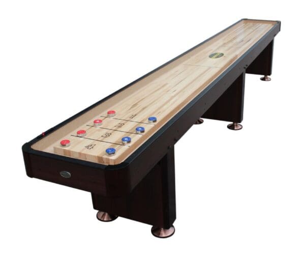 A Item # BB6165-SH with red and blue pucks scattered across its wooden playing surface, set against a white background.