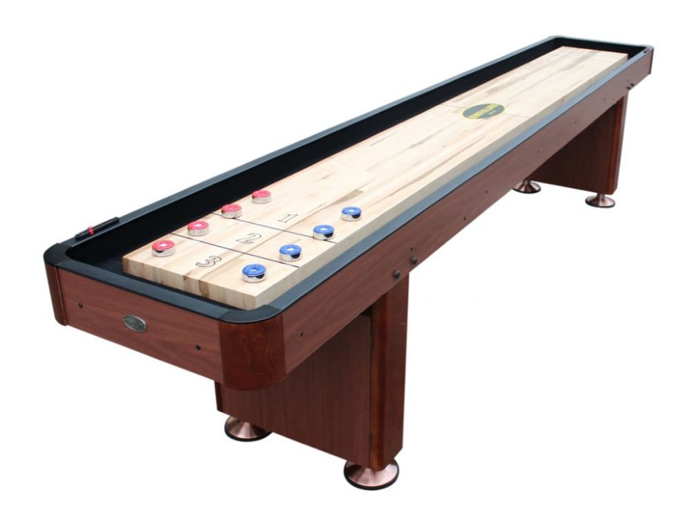 Item # BB6166-SH shuffleboard table with pucks in play, featuring a smooth wooden surface and dark brown frame on angled legs.