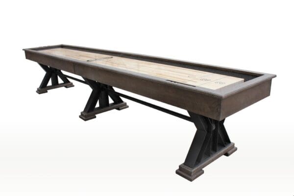 An empty Item # BB6168-SH shuffleboard table with scoring numbers at the ends, set on a white background.