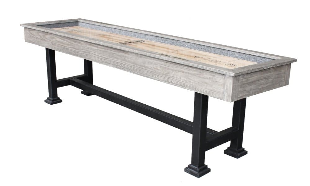 Narrow wooden shuffleboard table with a metal base, featuring visible scoring numbers and a grey finish, isolated on a white background, Item # BB6171-SH.