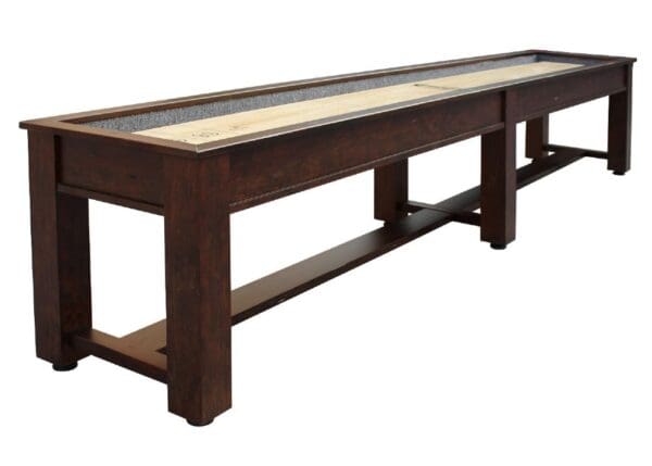 Ittem # BB6173-SH shuffleboard table with a smooth playing surface, bordered by dark brown frame and legs, isolated on a white background.