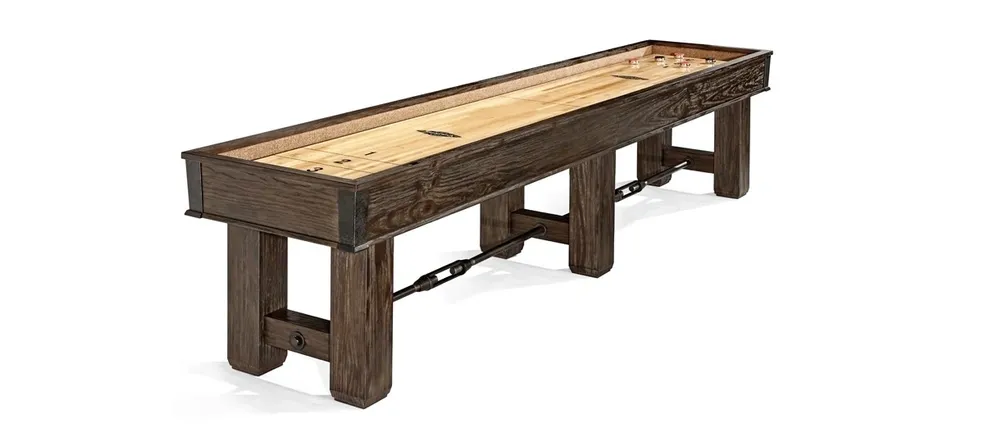 Item # BR6153-SH wooden shuffleboard table with visible scoring areas and metal scoring counters, set against a white background.