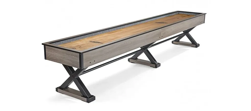 A modern Item # BR6154-SH shuffleboard table with a wooden playing surface and metal frame on a white background.