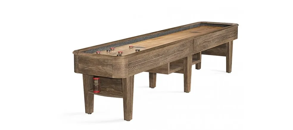 A Item # BR6157-SH shuffleboard table with red pucks on the playing surface, set against a white background.