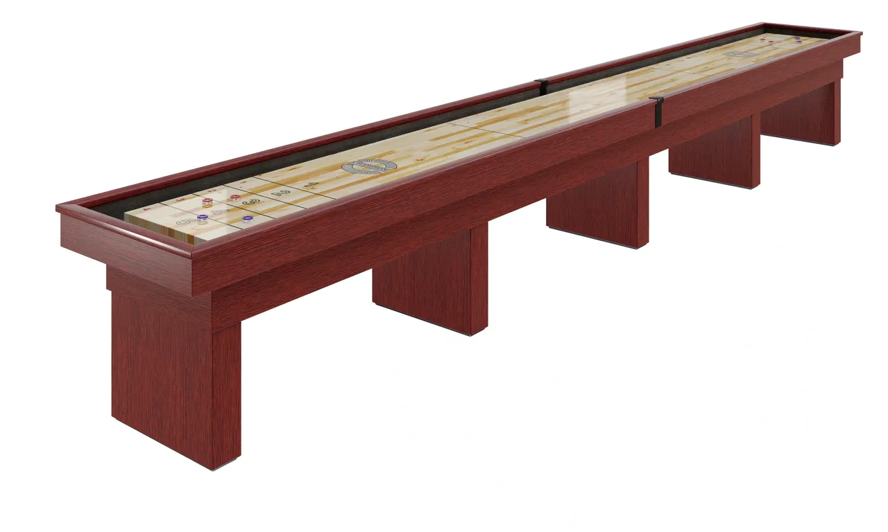 Shuffleboard table Item # CP6150-SH with a smooth wood surface and rich red-brown wooden frame, isolated on a white background.