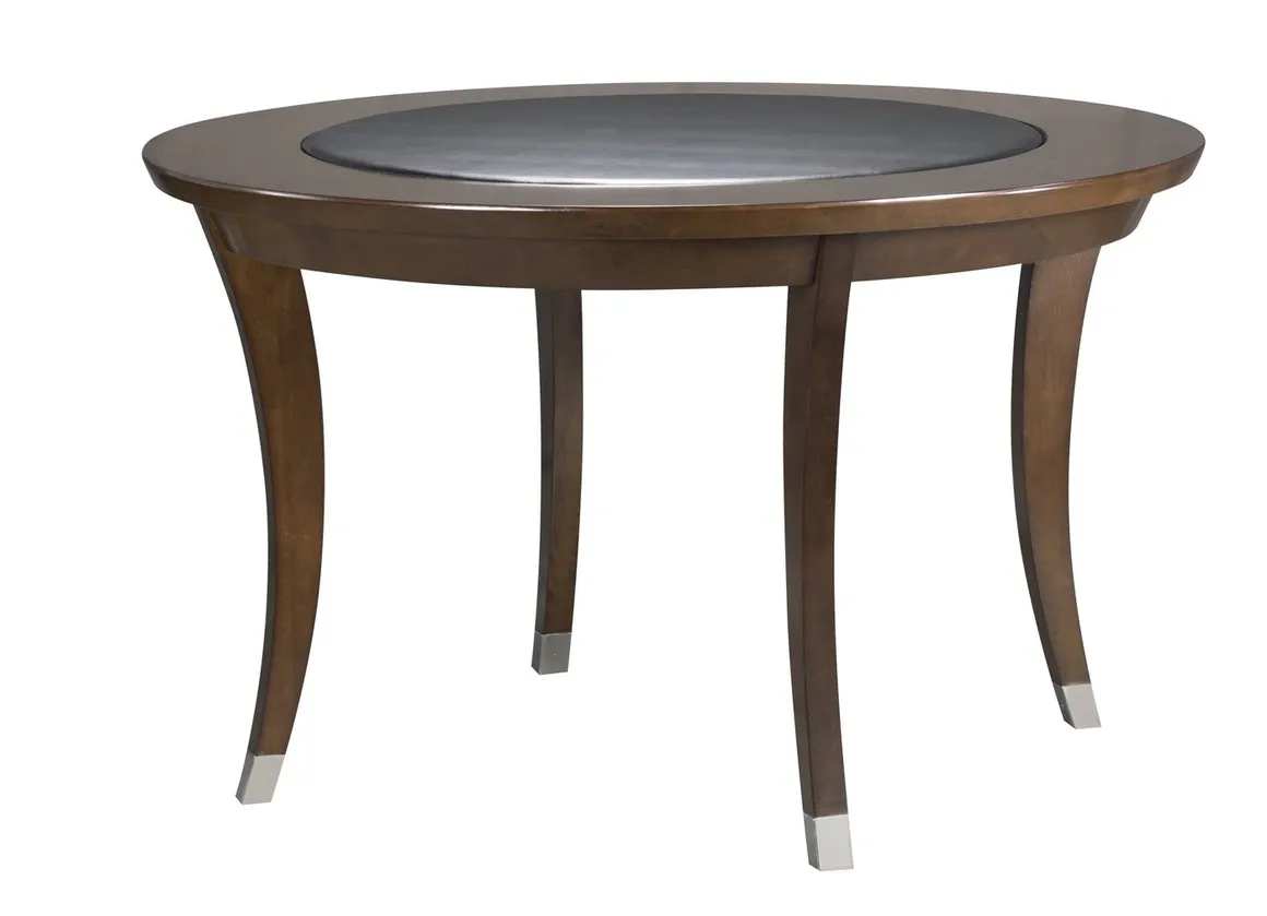 Oval wooden table with a central grey inset and curved legs, each capped with metallic tips, Item # VG6145-SH.