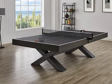 Black ping pong table with net.