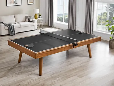 Wooden ping pong table with black surface.