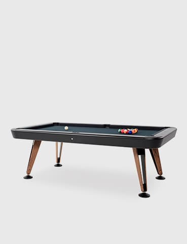 Black pool table with wooden legs.