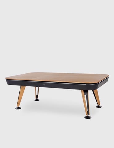 Wooden pool table with black accents.