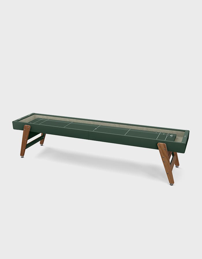 Green shuffleboard table with wood legs.
