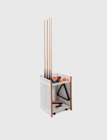 White pool cue rack with balls and rack.