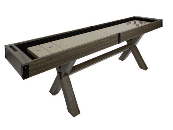 Wooden shuffleboard table with pucks.
