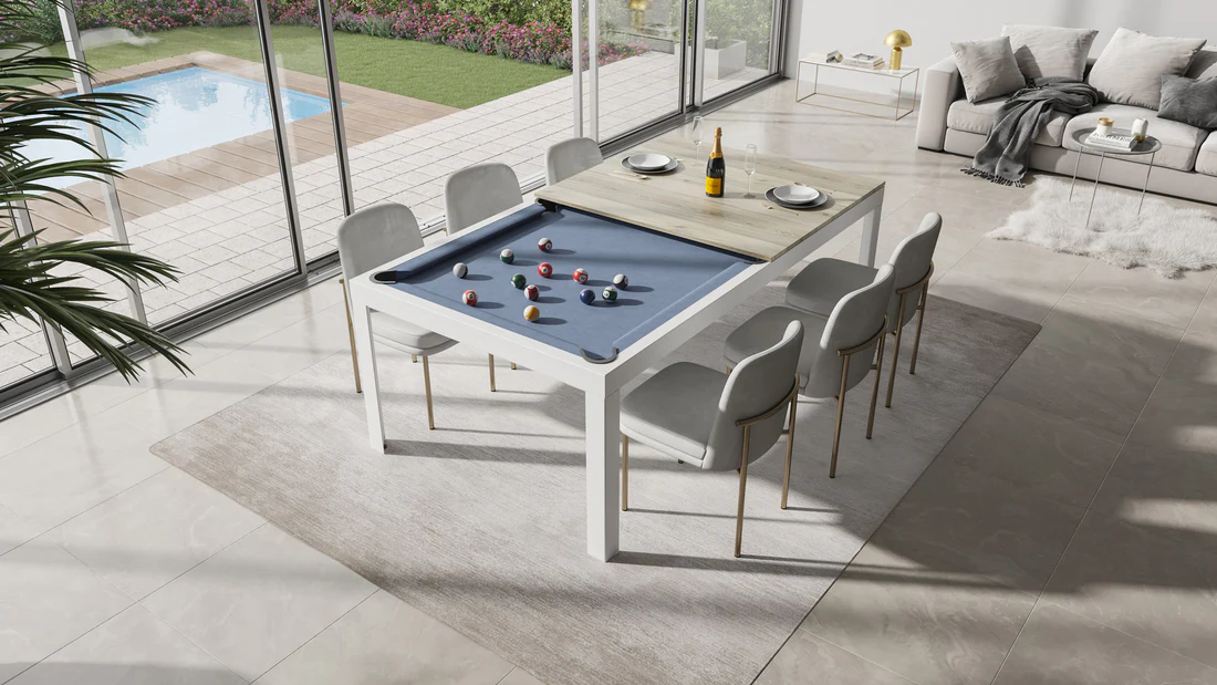 White pool table with colorful balls.