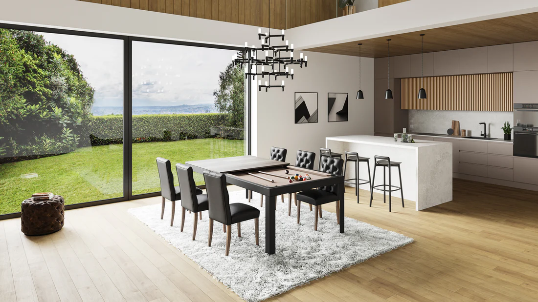 Modern dining room with pool table.