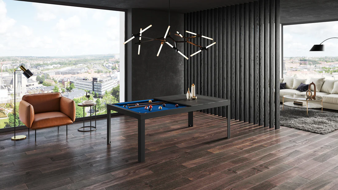 Modern living room with a pool table.