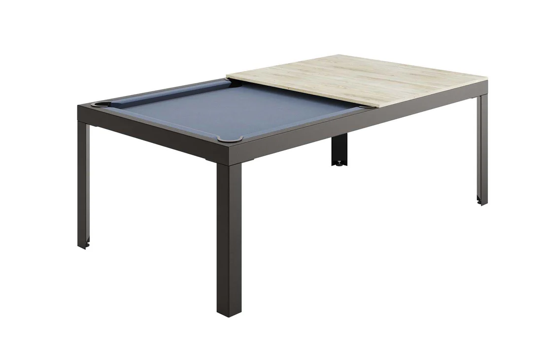 Black pool table with wooden top