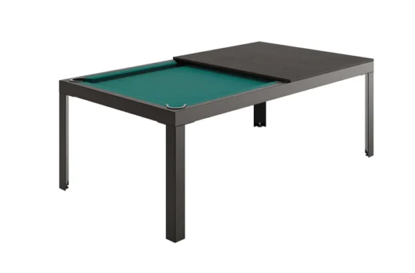 Black and green pool table with a cover.